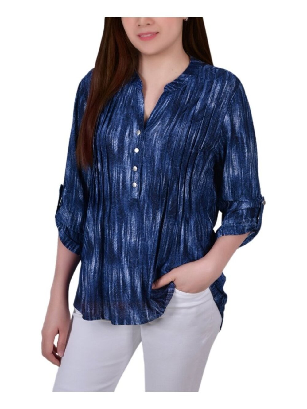 NY Collection Womens Printed 3/4 Roll Tab Sleeve Y-neck Top Blue Size L NWT